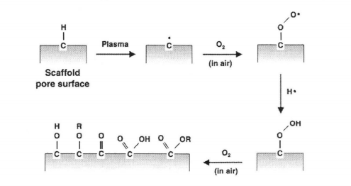 氧等离子体在与材料表面接触时羟基化、羧基化的示意图